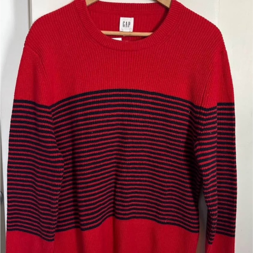 GAP Red and Black Horizontal Stripe Crewneck Sweater - Men's